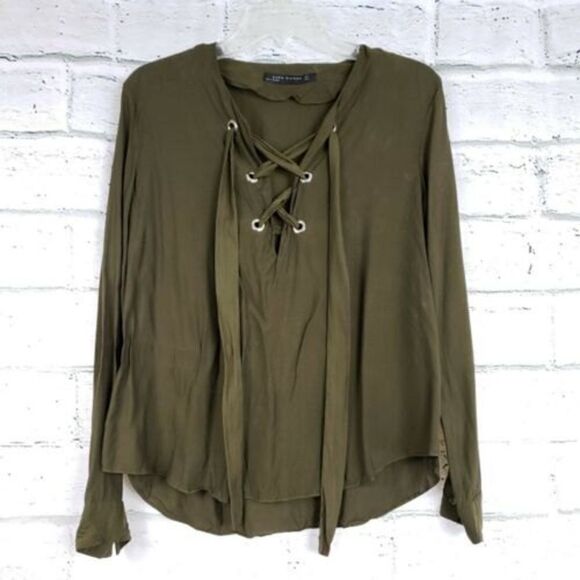Zara Dark Olive Long Sleeve Shirt Womens Size Medium Cupro - Picture 1 of 8